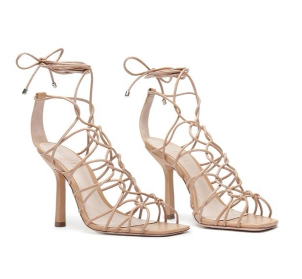 Schutz Lace Up Strappy Heels Sandals 8.5 M Tan Honey Beige Leather Stilettos New